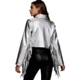 thumbnail image 2 of Haitryli Shiny Fringe Cropped Jacket for Women Long Sleeve Lapel Zip Up Western Style Biker Outerwear Silver M, 2 of 6