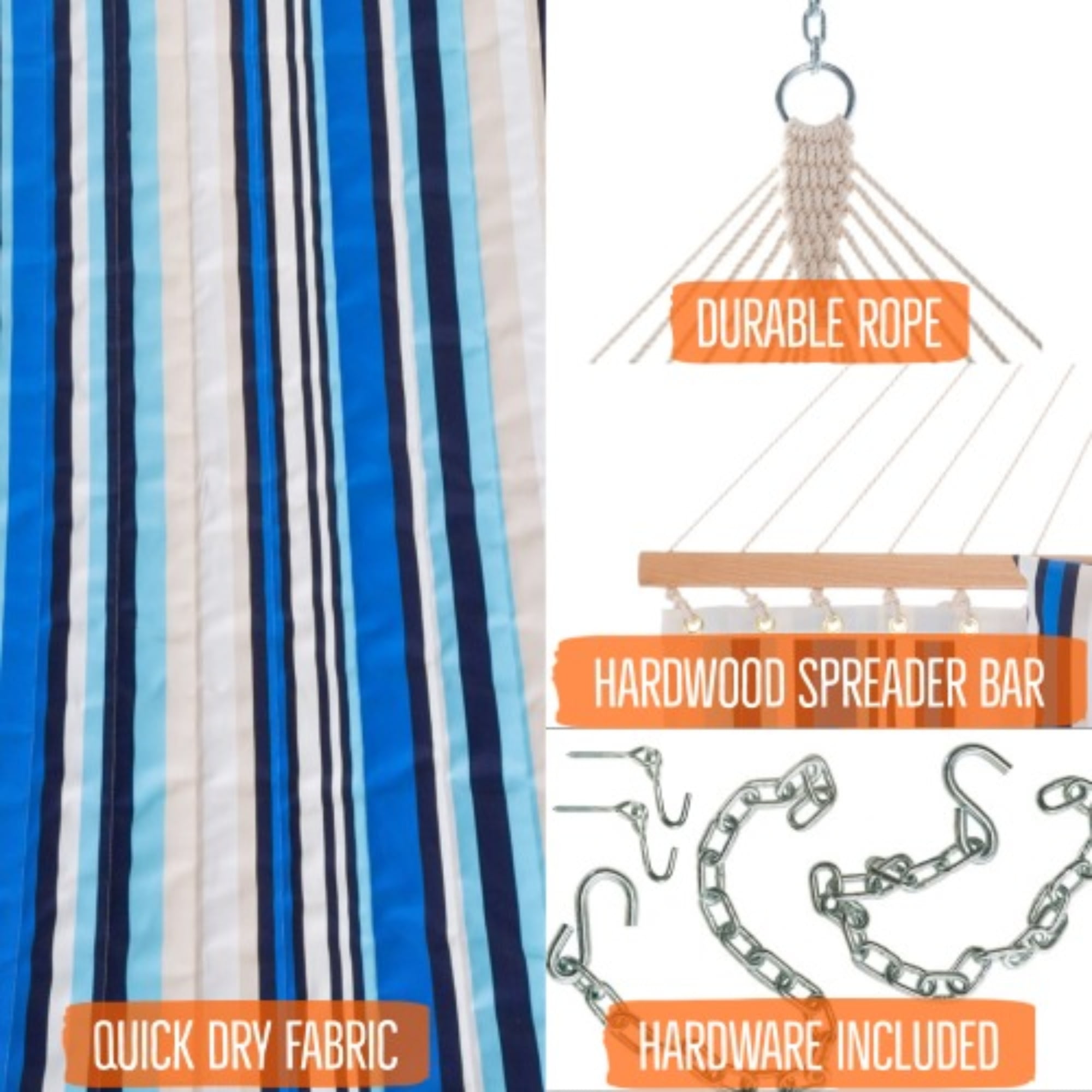 Large Double Quilted Hammock with Detachable Pillow - Blue/Beige Stripe