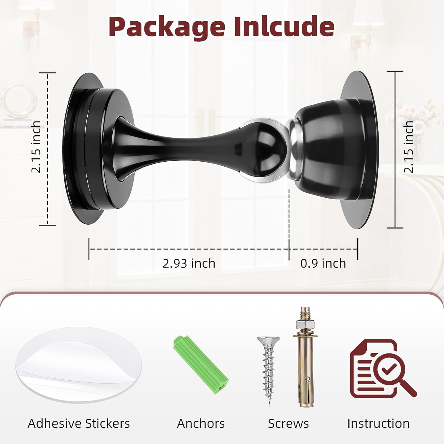 Door Stopper, Magnetic Door Stops, No Drill, 2 Pack Black Magnetic Door Catch Holder to Keep Door Open, Stainless Steel Wall Floor Mounted Doorstop with Adhesive Tape and Screws