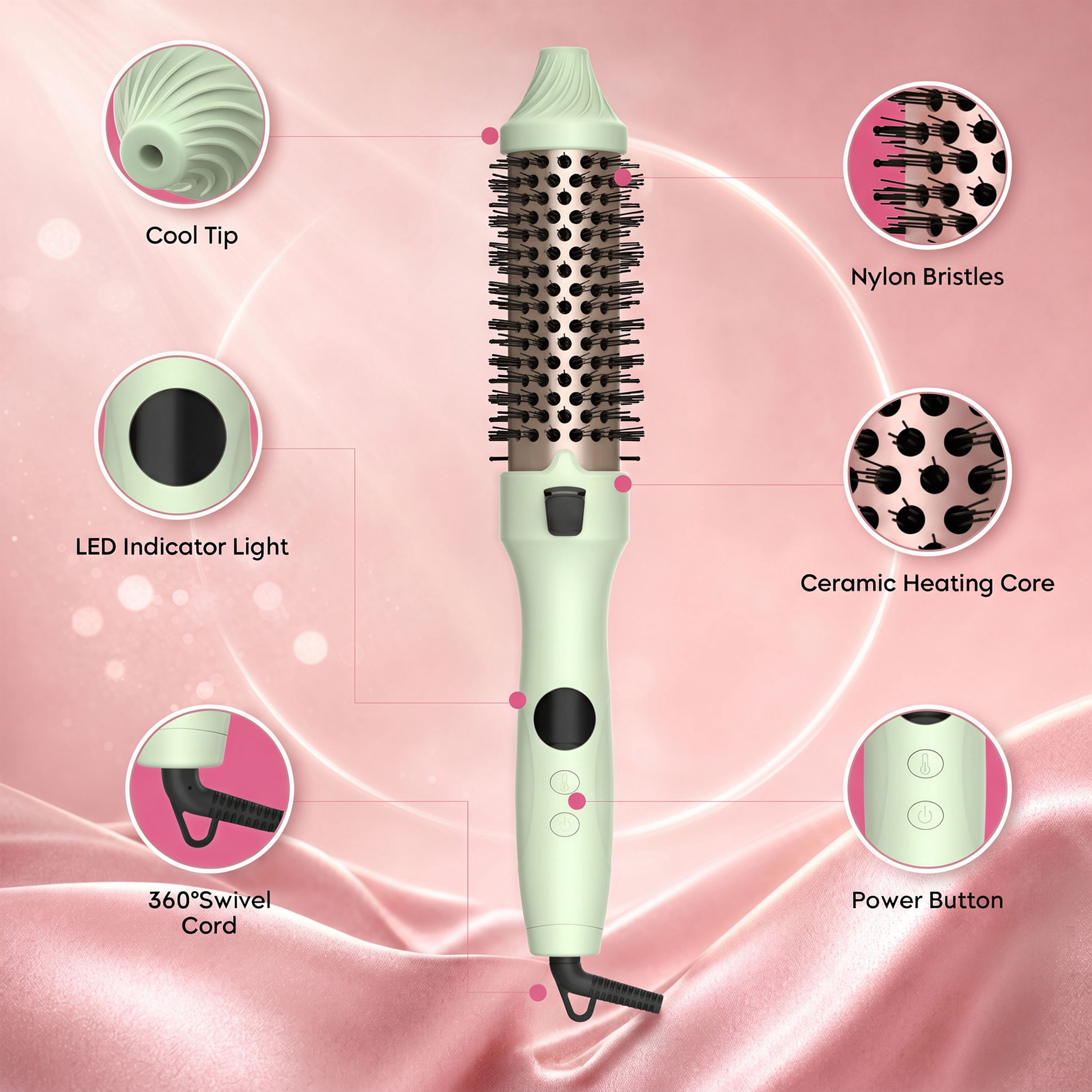 Tourmaline-Coated 1.5 Inch Round Heated Curling Hair Brush, Quick-Heat, Dual-Voltage, Green