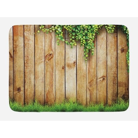 Garden Old Photo - Rustic Bath Mat, Fresh Spring Season Grass and Leaf Plant over Old Wood Fence Garden Field Photo, Non-Slip Plush Mat Bathroom Kitchen Laundry Room Decor, 29.5 X 17.5 Inches, Green Brown, Ambesonne