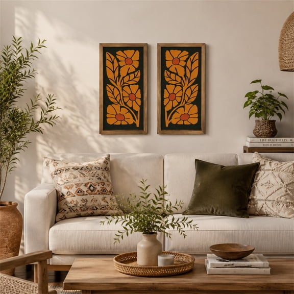 Modern Farmhouse Botanical Wall Art Set of 2, Framed Floral Wall Decor, Minimalist Nordic Style Orange Flower Prints for Living Room, Bedroom, Hallway Decor