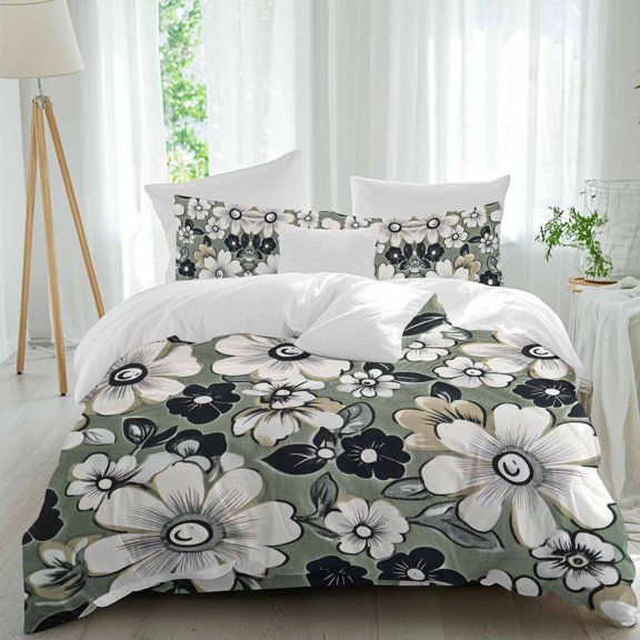 Spring Green Flowers Bedding Duvet Cover Set Twin Size 4 Pieces, Retro Country White Black Floral Leaf Bedding Set with Zipper Closure, 1 Comforter Cover 68x90 Inches 1 Flat Sheet & 2 Pillow Cases