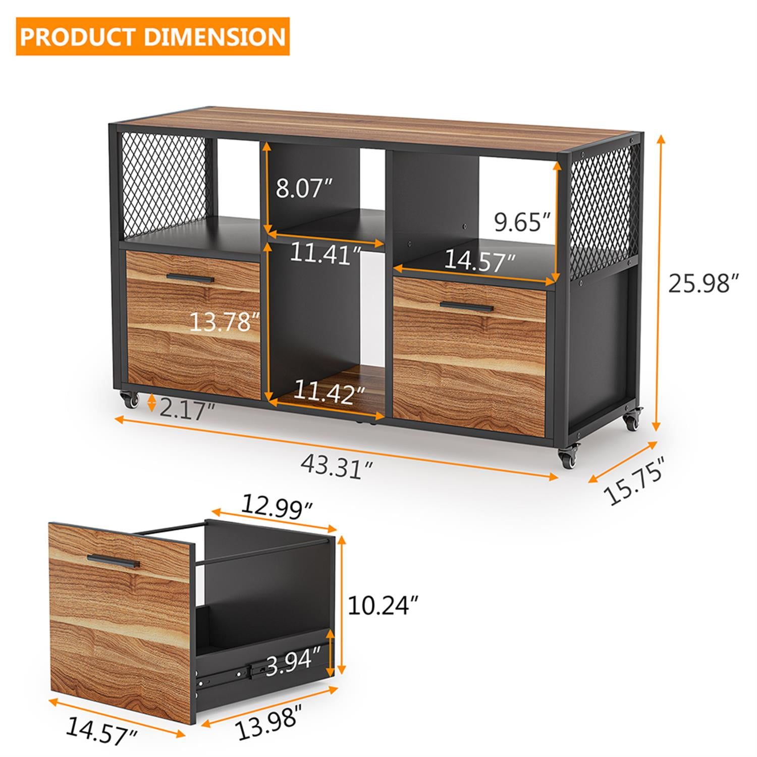 Demi Bonn 2-Drawer File Cabinet, Wood Mobile Filing Cabinet for Home Office, Printer Stand, for A4, Letter-Size Documents, Storage Cabinet for Home Office, Brown
