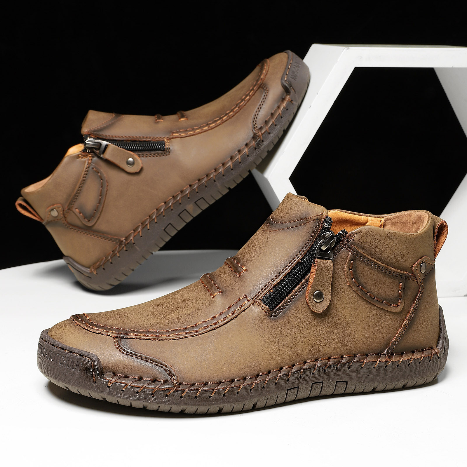 Menâs -On Orthopedic Leather Boots,Menâs Handmade Leather -On Driving Boots,Men Side Zipper Orthopedic Shoes for Driving Hiking