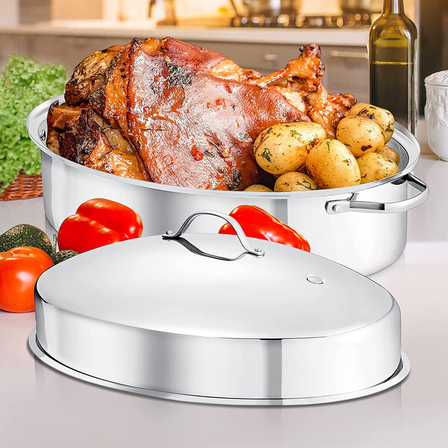 Nutrichef Oval Roasting Pan Roaster with Polished Rack Wide Handle and Stainless Steel Lid