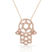 925 Sterling Silver Rose Gold-Tone White CZ Hamsa Star of David Necklace