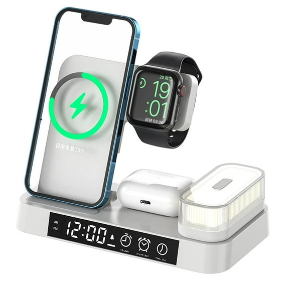 3 in 1 Wireless Charging Station 30W Stand Pad with Alarm Clock and Night Light for iPhone and i-Watch-White