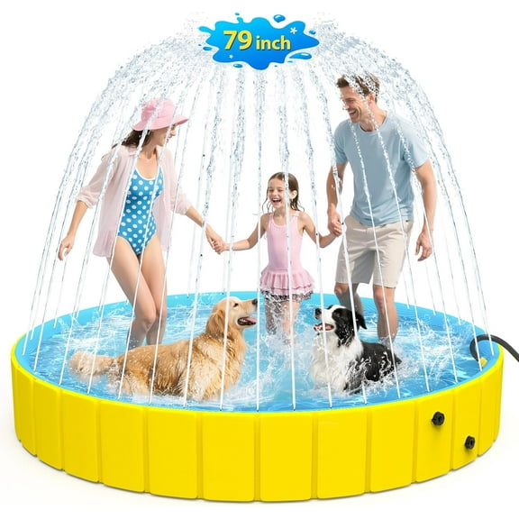 Dog Pool with Sprinkler, 79'' Foldable Dog Pools for Large Dogs, 2-in-1 Heavy Duty Cooling Bath Tub, PVC Non-Slip Pet Pool Outdoor Backyard Summer Toys,Portable Water Play for XL Dogs Puppies