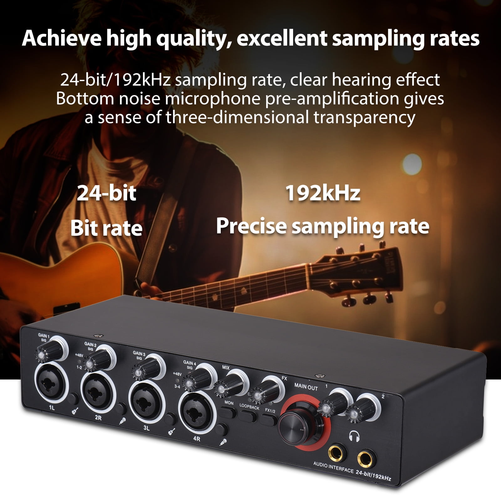 4 Channels Recording Sound Card with Driver Free Audio Interface, 4-in 4-out USB 24 bit/192khz 48V Phantom Power Supply for Professional of Live Streaming Karaoke