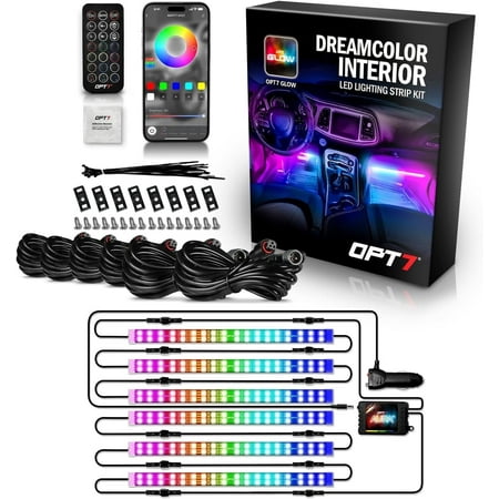OPT7 Aura DreamColor RGB-IC Car Interior Ambient Light, 6PC Double Row LED Strips, Color Chasing Light Kit w/APP & Remote Control, Universal for Vehicles SUV Trucks Pickups Van