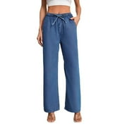 Womens Jeans Petite Solid High Straight Waist Drawstring with Pocket Trousers for Women