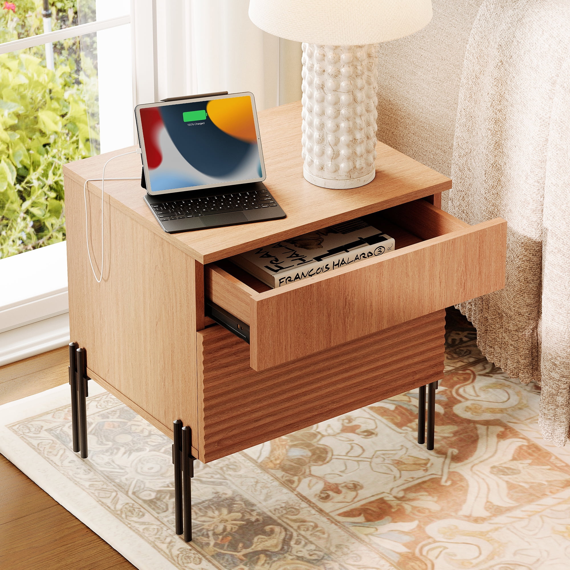 Modern Minimalist Nightstand With 2 Drawers,Reeded Wood End Table With Built-In Charging Station For Bedroom, Living Room,Entryway