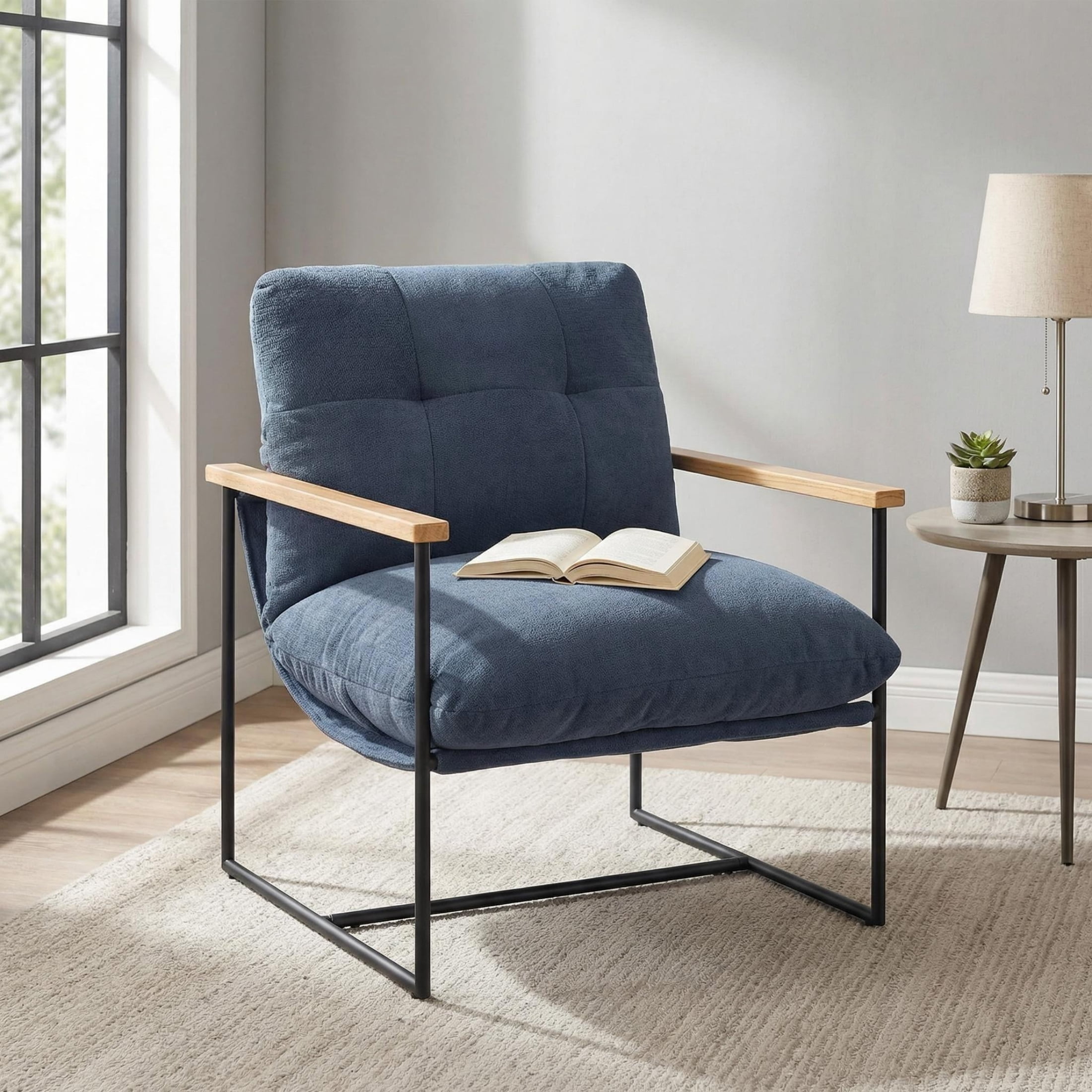 Vinform Sling Accent Chair, Modern Arm Chair with Removable Cushion, Metal Frame for Living Room, Blue