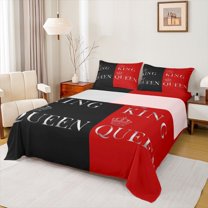 Feelyou King Queen Crown Queen Sheet Sets, Anniversary Black Red Bed Set, 4 Pieces
