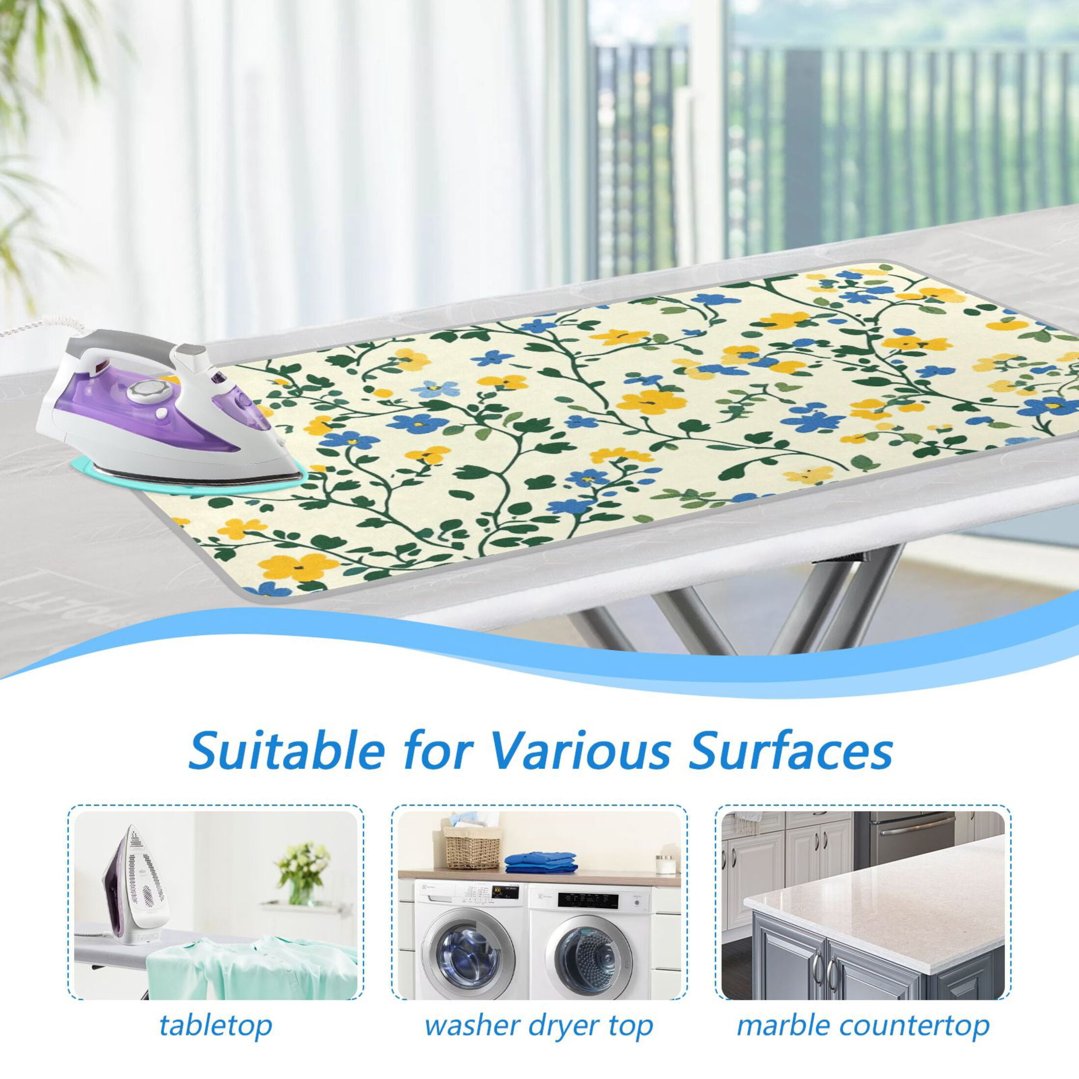 Leaves Blue and Yellow Tiny Flowers Ironing Mat Blanket Portable Travel Ironing Pad Heat Resistant Pad 47.2" x 27.6”