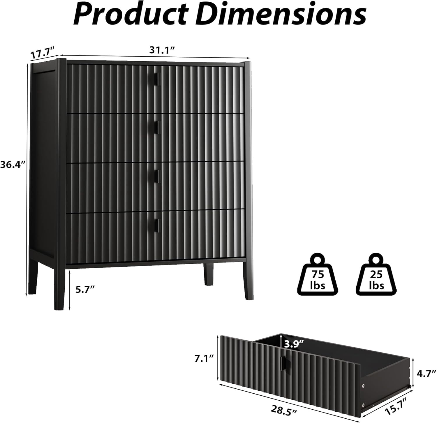 FURNIWAY Black Dresser for Bedroom, 4 Drawers Dresser Wood Storage Tower Clothes Organizer, Chest of 4 Drawers, Large Capacity Storage Cabinet, Nightstand for Bedroom, Hallway, Entryway