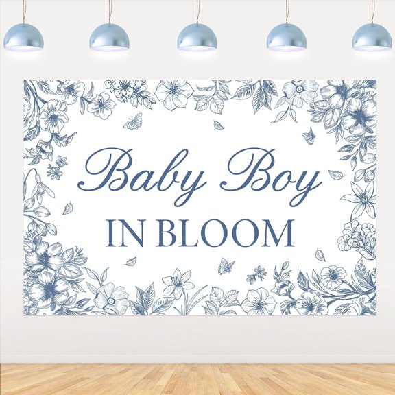 7x5FT Chinoiserie Baby Shower Decorations Banner Chinoiserie Baby Boy in Bloom Backdrop Blue Chinese Theme Background Props for Chinoiserie Lover Baby Shower Party Decoration