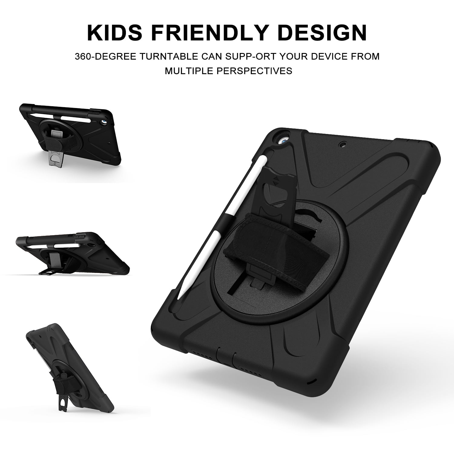 KIQ Shield iPad 9th Generation Case 10.2 2021, Heavy Duty Kids Case 360 Hand Strap Kickstand for Apple iPad Case 7th Gen 8th Gen 2019 2020 - Black