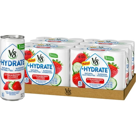 (24 Cans) V8 +Hydrate Plant-Based Hydrating Beverage, Strawberry Cucumber, 8