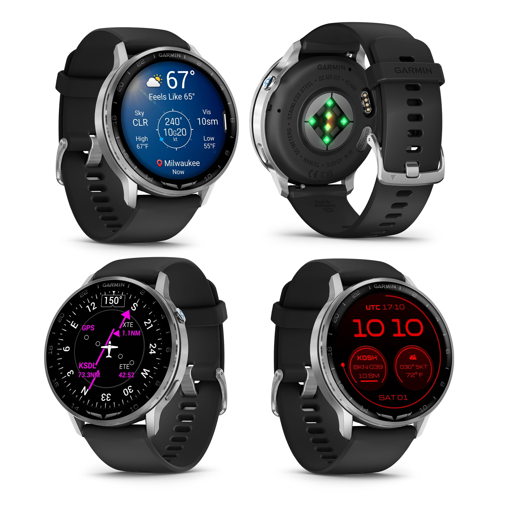 Garmin D2 Air X15 Aviation Smartwatch, 45mm AMOLED Touchscreen, GPS Direct-To Navigation, Aviation Weather, Built-In LED Flashlight, Silver Stainless Steel with Black Silicone Band Bundle