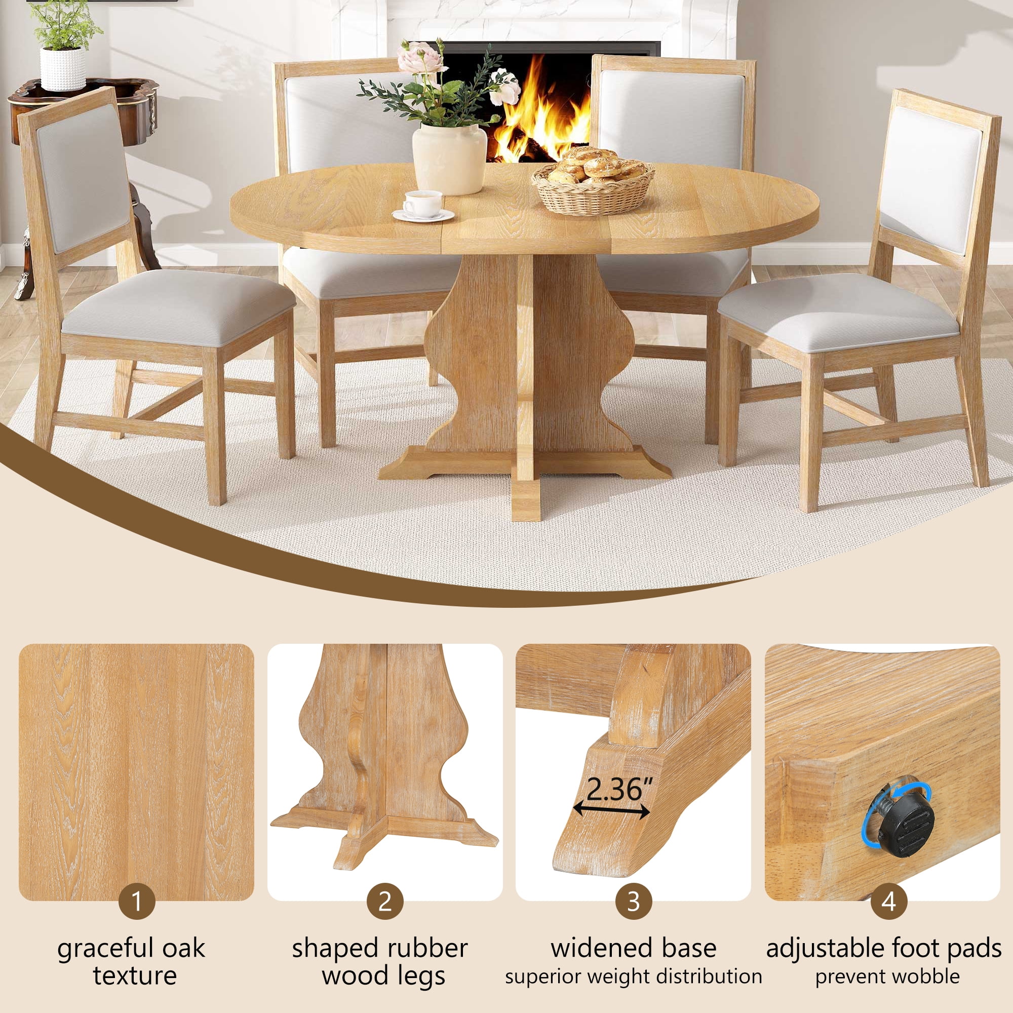 Euroco 5-Piece Round Dining Table Set for 4, 58" Extendable Kitchen Table with 4 Upholstered Chairs,Solid Wood Dining Set for Small Space,Natural
