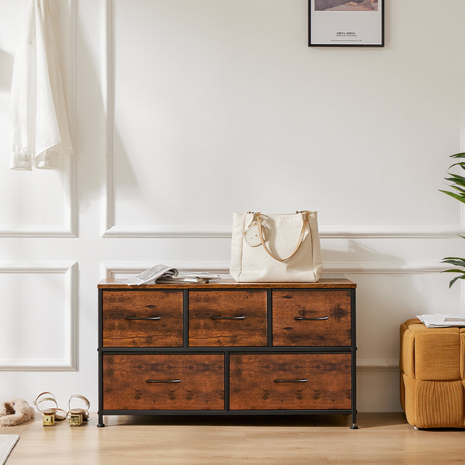 JIOABL Modern Dresser with Fabric 5-Drawer, Metal Frame, Ideal for Bedroom Storage, Rustic Brown
