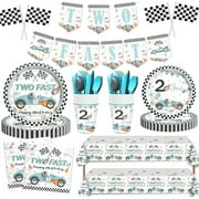 "Two Fast" 200-Piece Boys’ Retro Race Car Birthday Tableware: Checkered flags (banner, plates, napkins, etc.) — 2nd party supplies.