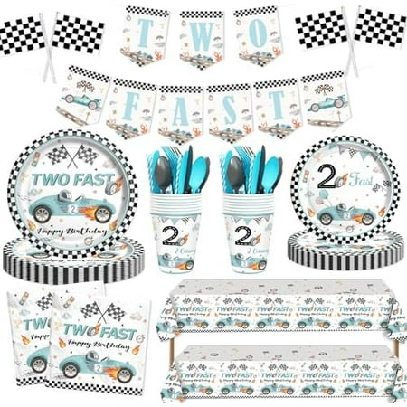 "Two Fast" 200-Piece Boys’ Retro Race Car Birthday Tableware: Checkered flags (banner, plates, napkins, etc.) — 2nd party supplies.