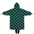 thumbnail image 2 of Oversized Wearable Blanket Hoodie,Teal and Black Checkerboard Pattern Sherpa Blanket Hoodie with Super Pockets,Super Warm Fuzzy Pullover for Women & Men, 2 of 6