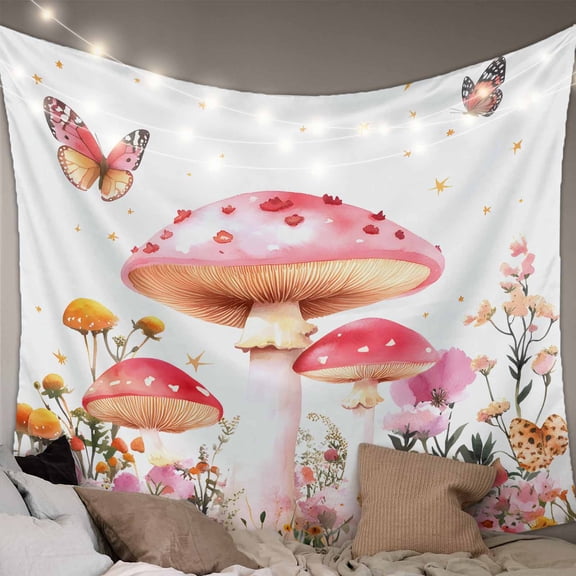Pink Mushroom Tapestry for Bedroom Wall Hanging Tapestry, Spring Botanical Floral Summer Ceiling Backdrop Tapestries Poster Blanket Wall Decor for Teens Room Living Room Dorm 59" x 79"