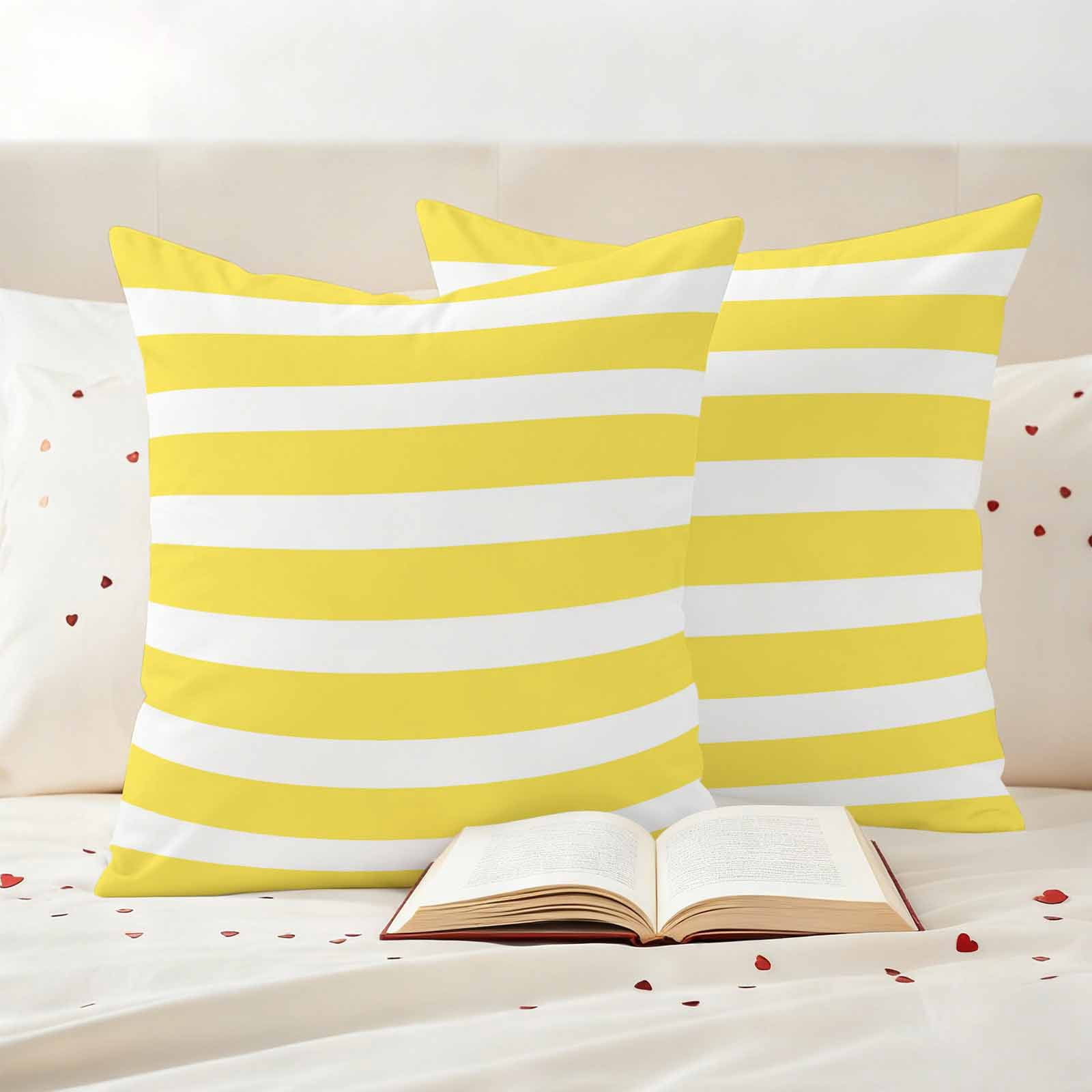 Yellow Striped Outdoor Waterproof Pillow Covers, Modern Simple Monochrome Geometric White Decorative Square Throw Pillowcase Sofa Cushion Sham for Patio/Couch/Chair, 20"x20" 2 Pack