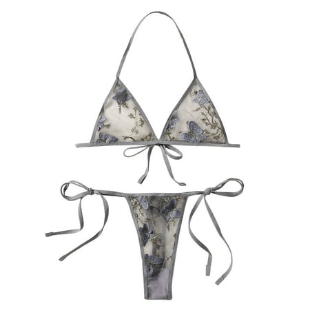 Lingerie Sexy Bra and Panty Bikini Set for Women Lace Up Negligees Women Sexy Transparent Neck Hanging Underwear Set