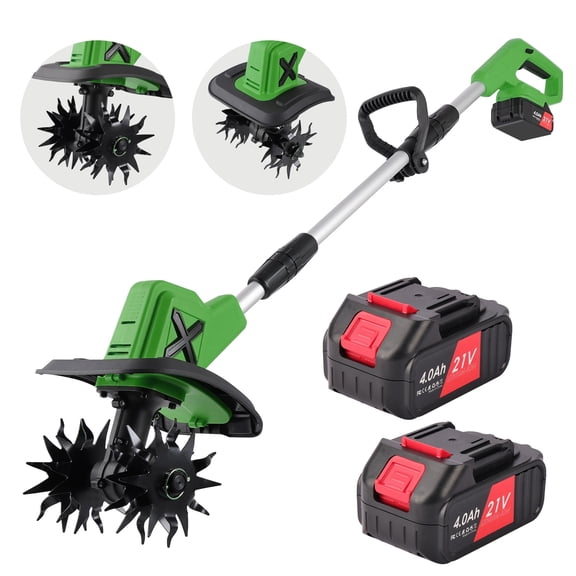 HUSGW 21V Cordless Tiller Cultivator, 270RPM Electric Garden Tiller, with 2 * 4.0Ah Batteries & Charger, 9In Tilling Width and 6In Depth Garden Rototiller for Lawn/Gardening/Soil Cultivation