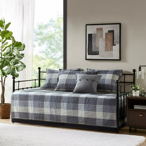GDF Studio 6-Piece Reversible Plaid Daybed Cover with Pillow & Shams, Quilted Twin Size Bedding Set, Gray