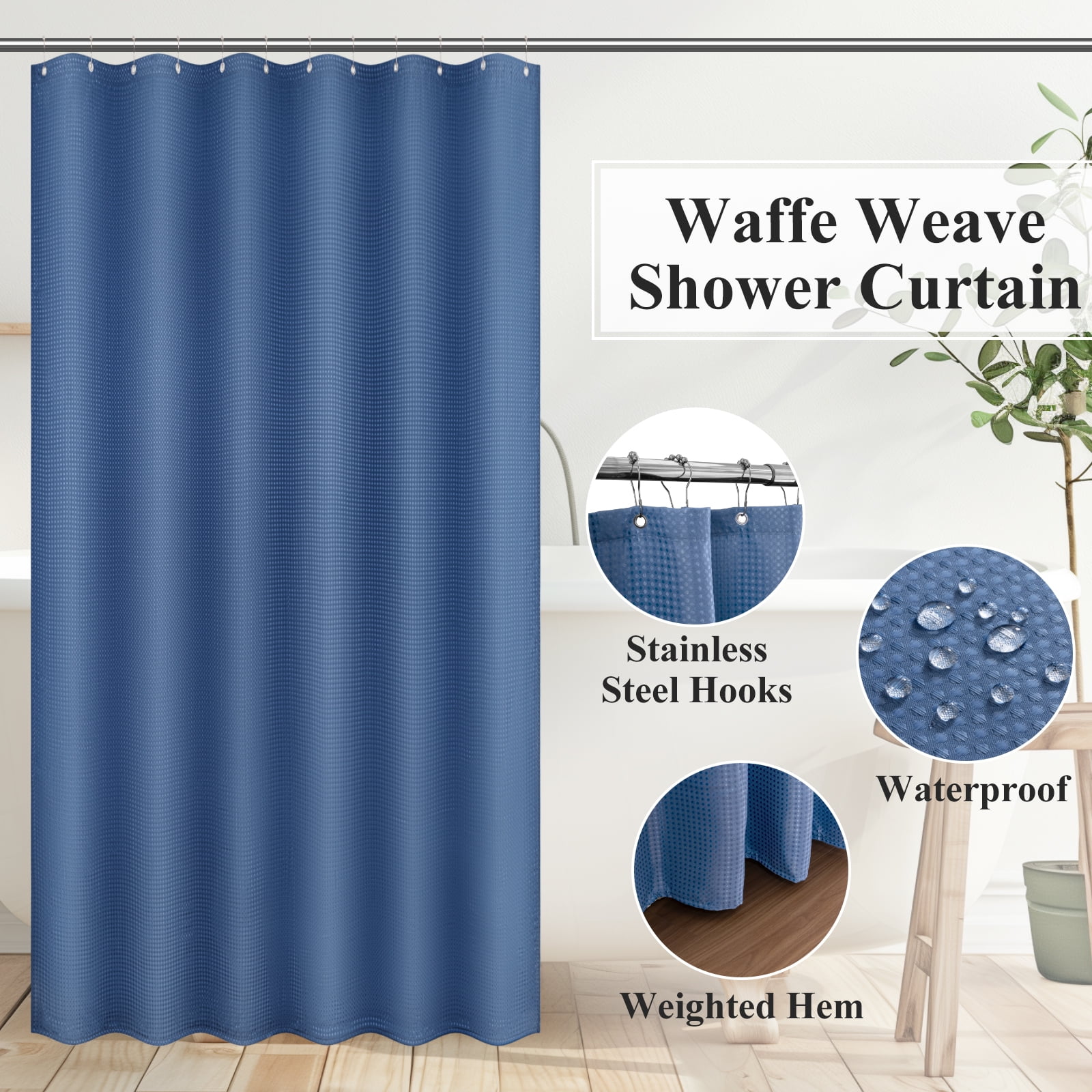 ‌Ileading 16-Piece Shower Curtain Set with Rugs, Waterproof Waffle Shower Curtain & Soft Non-Slip Bath Rugs with 12 Hooks, Blue Bathroom Sets
