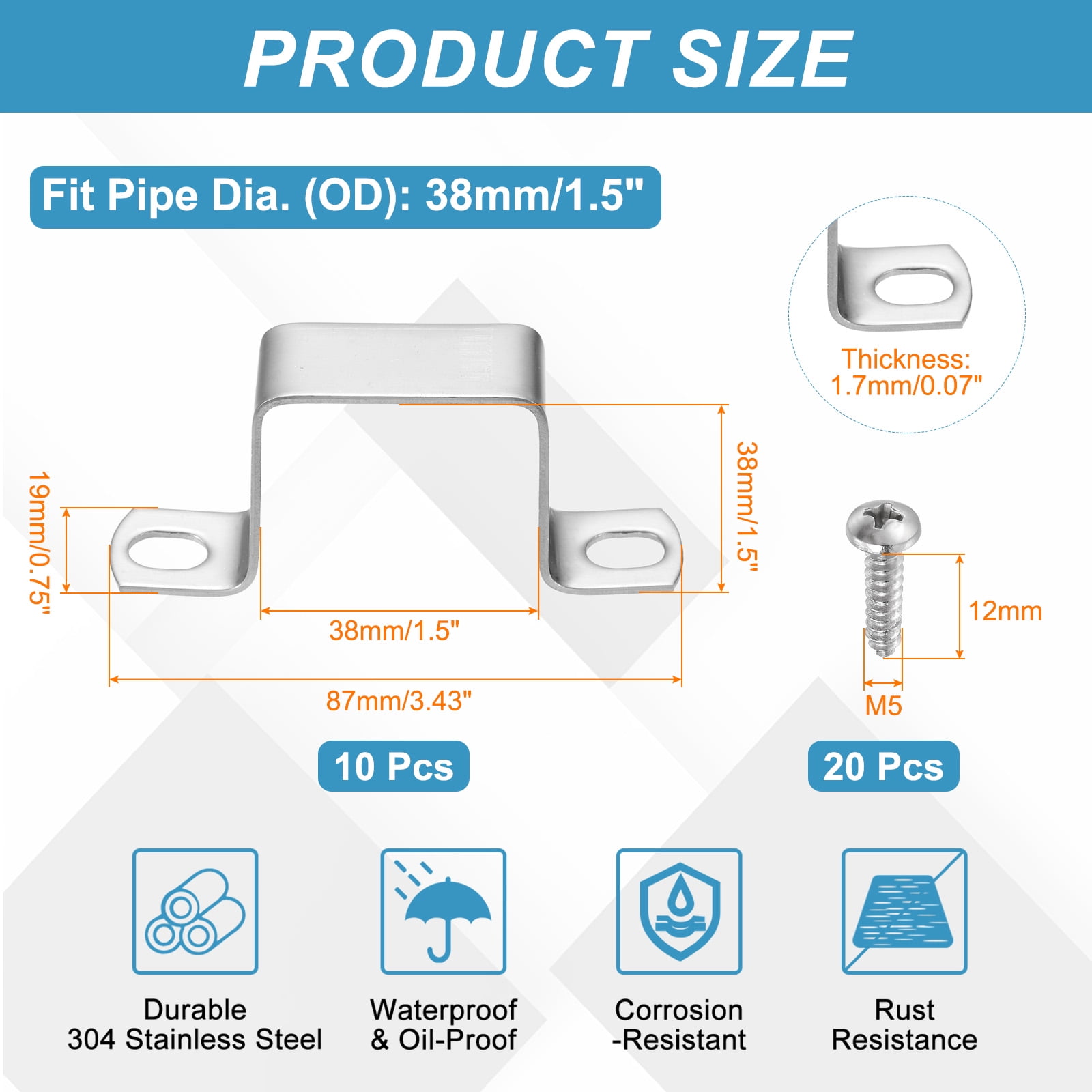 Uxcell 10pcs 1.5" x 1.5" Square Pipe Clamp, 304 Stainless Steel U Shaped Connector Bracket Heavy Duty Tube Strap Buckle with Self-Tapping Screws for Tube Installation