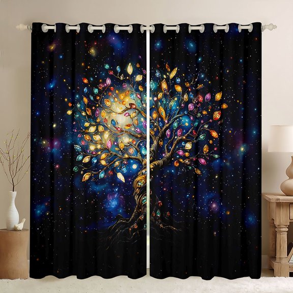 Homewish Watercolor Nature Tree Kitchen Curtains,Navy Stars Galaxy Black Out Curtains Pack of 2 (42x63 Each)