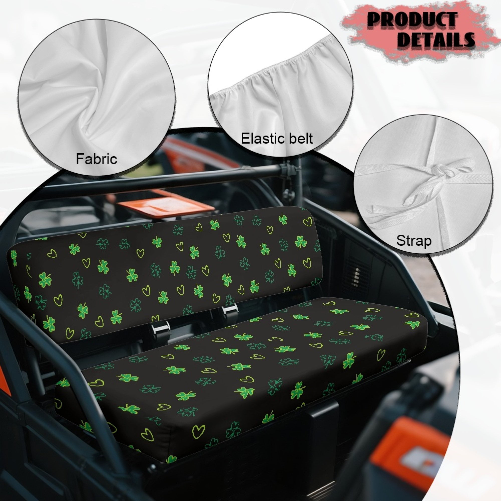 ZIATUBLES UTV Seat Covers 2 Pack, Black Clover Heart Print Waterproof Polyester Front Seat Protectors Compatible with Kawasaki Mule 3020 4000, St. Patrick's Day UTV Decor Accessory Part