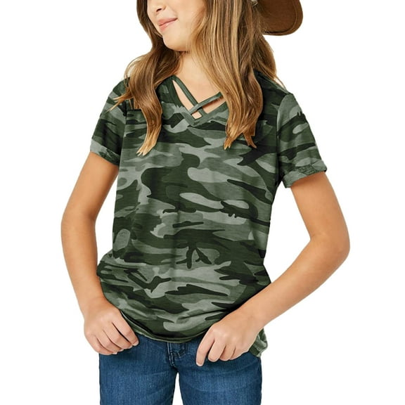 Sherrylily Girls Short Sleeve Shirts V Neck Criss Cross Tees Kids Casual Tops Camouflage Blouse