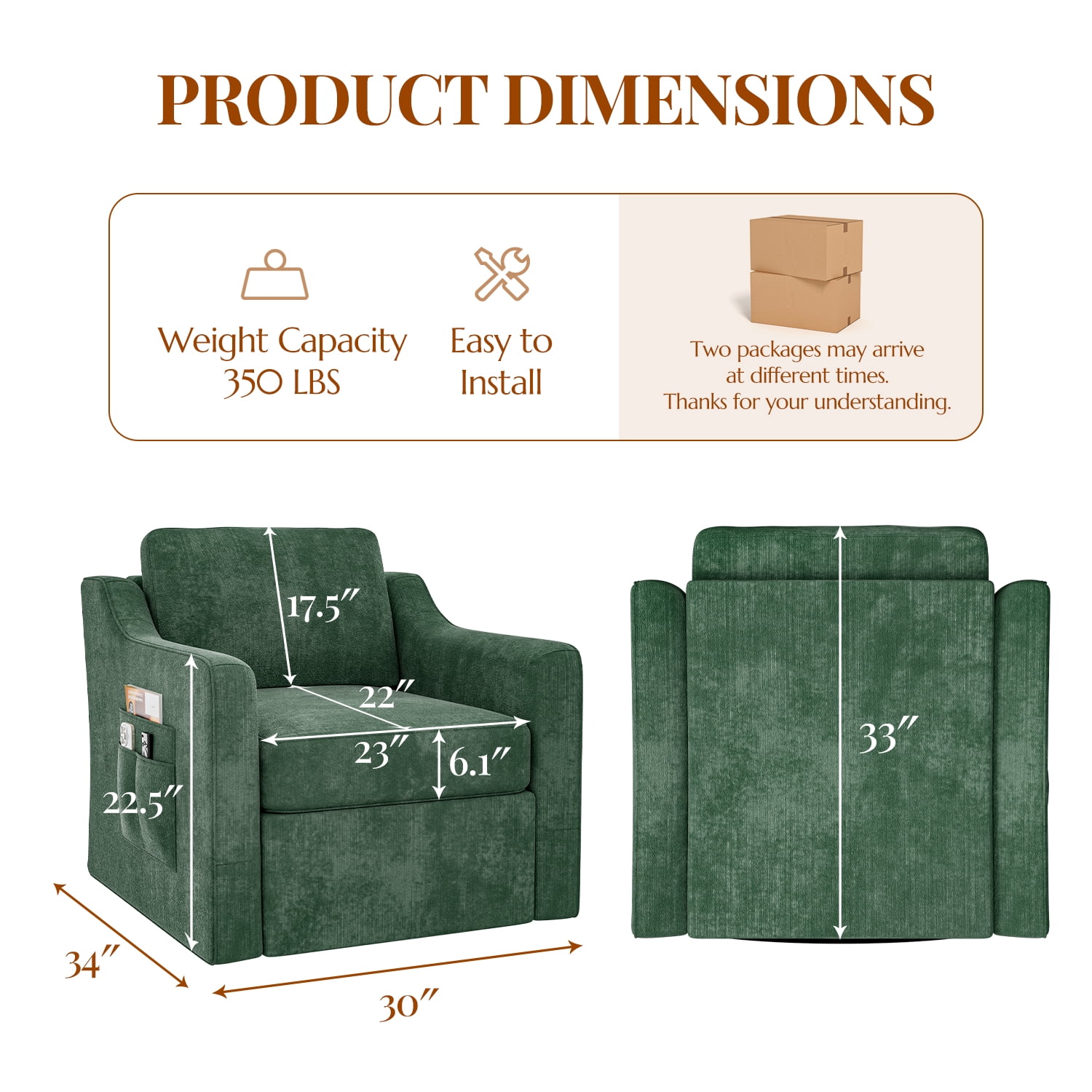 ZBOM 360° Swivel Modern Accent Chair Set of 2, Large Comfy Reading Chairs, Accent Square Single-seat Armchair Upholstered Sofa for Reading, Living Room, Bedroom, Green