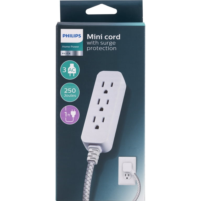 Philips 3-Outlet Extension Cord with Surge Protection, 6in. Braided Cord,  Flat Plug, 15A, 250 Joule, Gray and White, SPP8272WC/37 