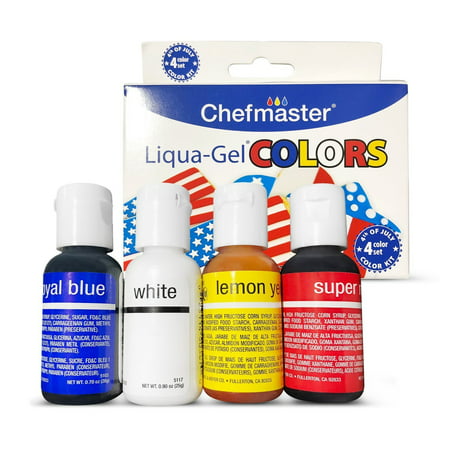 Chefmaster 4th of July Food Coloring Kit, 4-Pack Gluten Free Food Colors for Slime & Cake Decorating.70 oz Concentrated Food Coloring in Royal Blue, Super Red, Lemon Yellow &