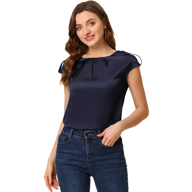 Unique Bargains Blouse Soyeuse à Manches Courtes pour Femmes Col Rond Plissé Décontracté Élégant