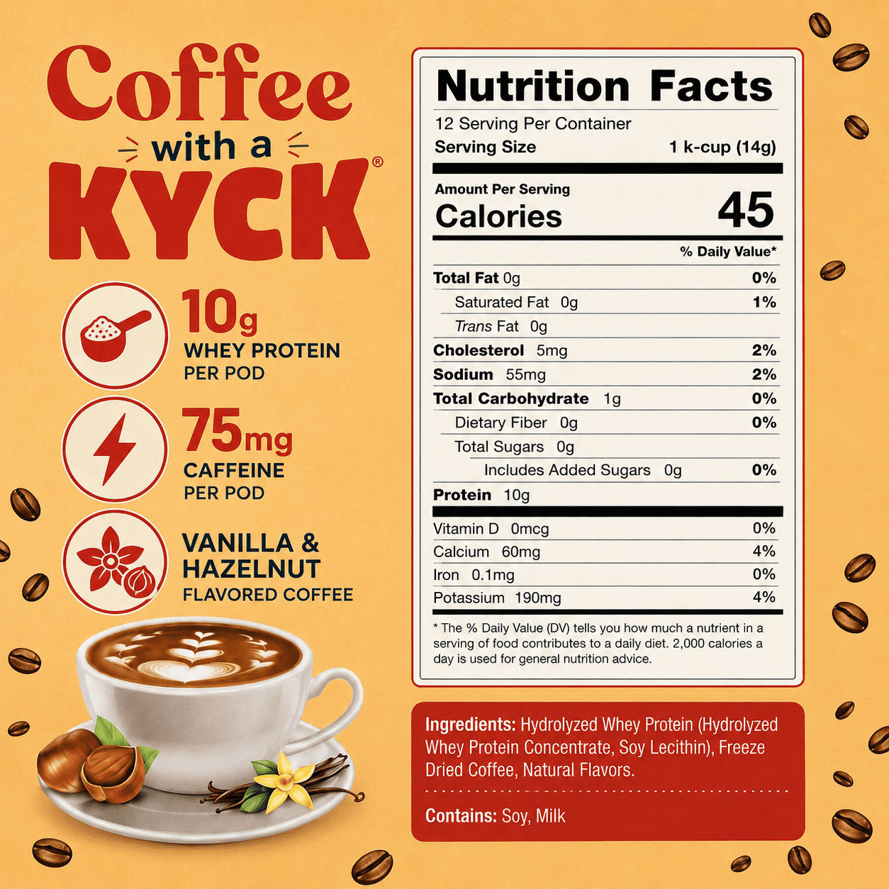 Kyck Coffee Protein K-Cups Pods (12 Count) – 10g Whey Protein per Cup, High Caffeine, Premium High-Protein Coffee Pods, Compatible with All Brewers