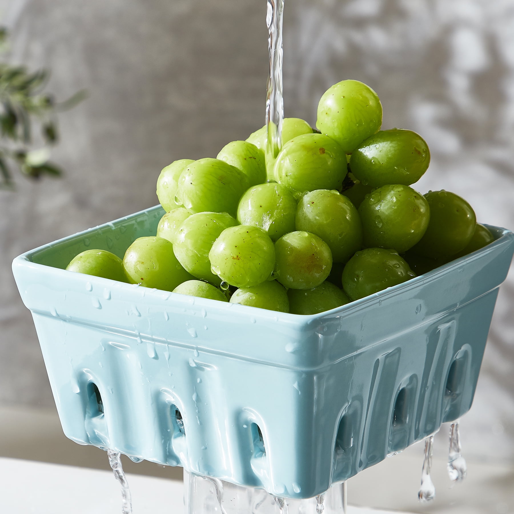 CONTENPO Ceramic Berry Basket Square Fruit Bowls with Holes Berry Bowl Colander Fruit Basket for Kitchen Décor - 5.9" Berry Containers for Fridge, Set of 2, Blue