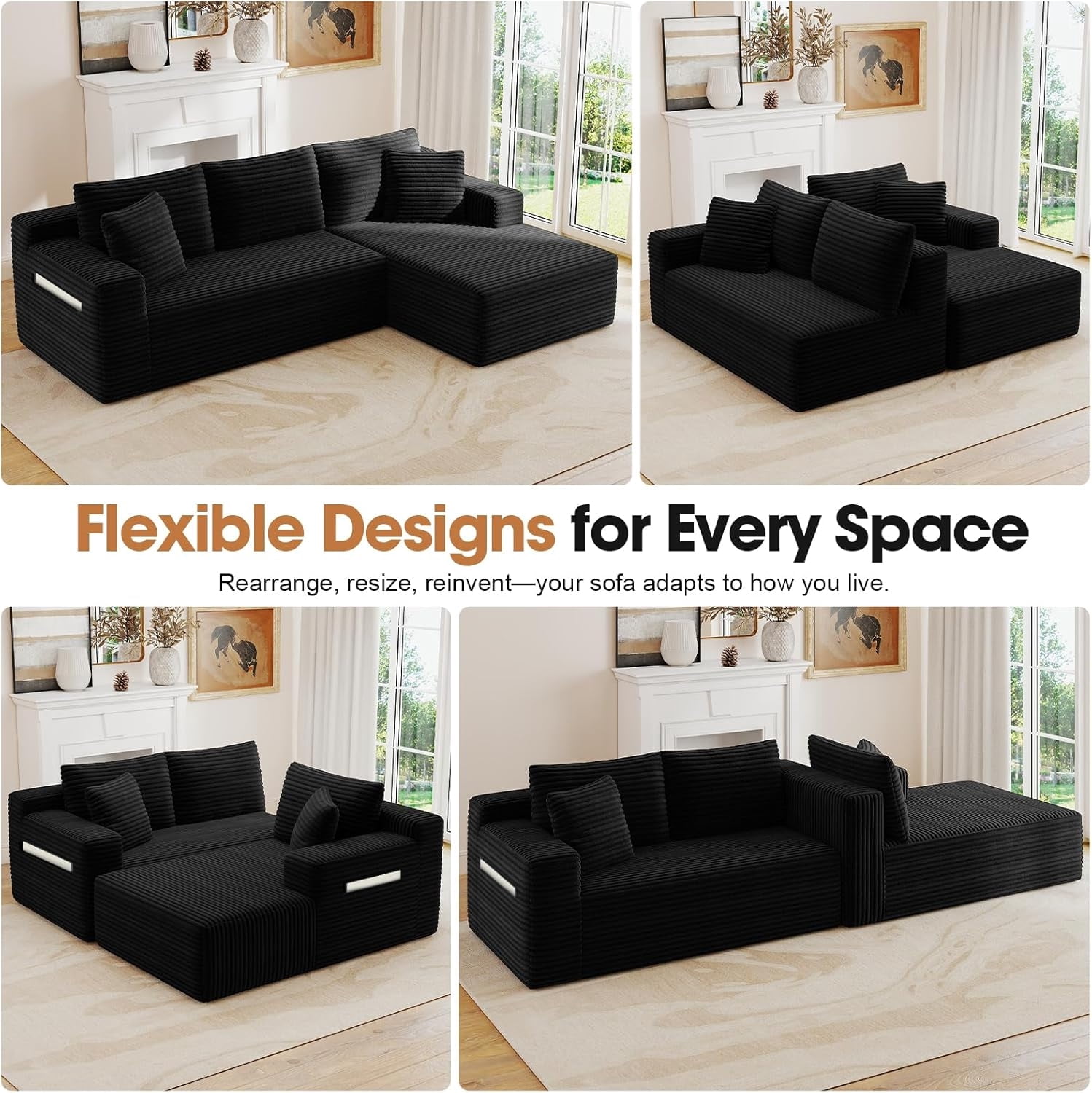 MOONMISS L-Shaped Cloud Sectional Couch with Chaise,Modern Corduroy Upholstered Modular Boneless Sofa,No Assembly for Living Room Apartment(Black,Right)