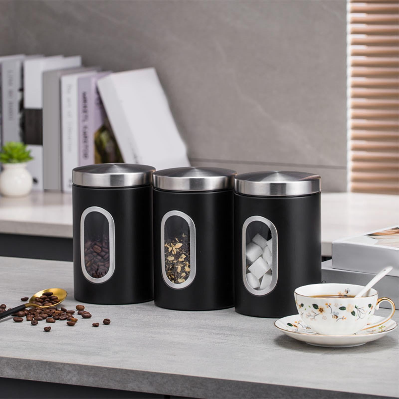 3 Pieces Stainless Steel Food Storage Jars Organization Container Airtight Transparent with Lid Kitchen Storage Canister Set Black