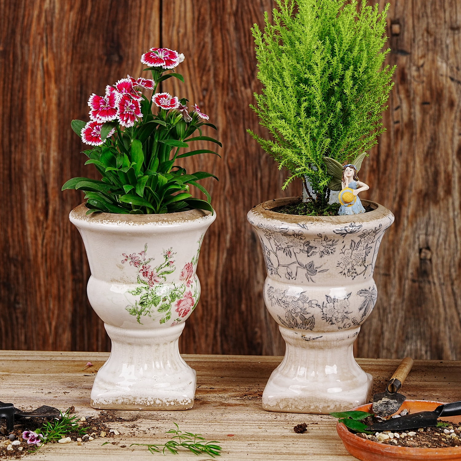 Sungmor Small Ceramic Urn Planter - Pink Scroll Floral Pedestal Flower Pot, Decorative Vintage Chinoiserie Style Planters, Tuscan Accent Vase Indoor Outdoor Plant Holder with Drainage