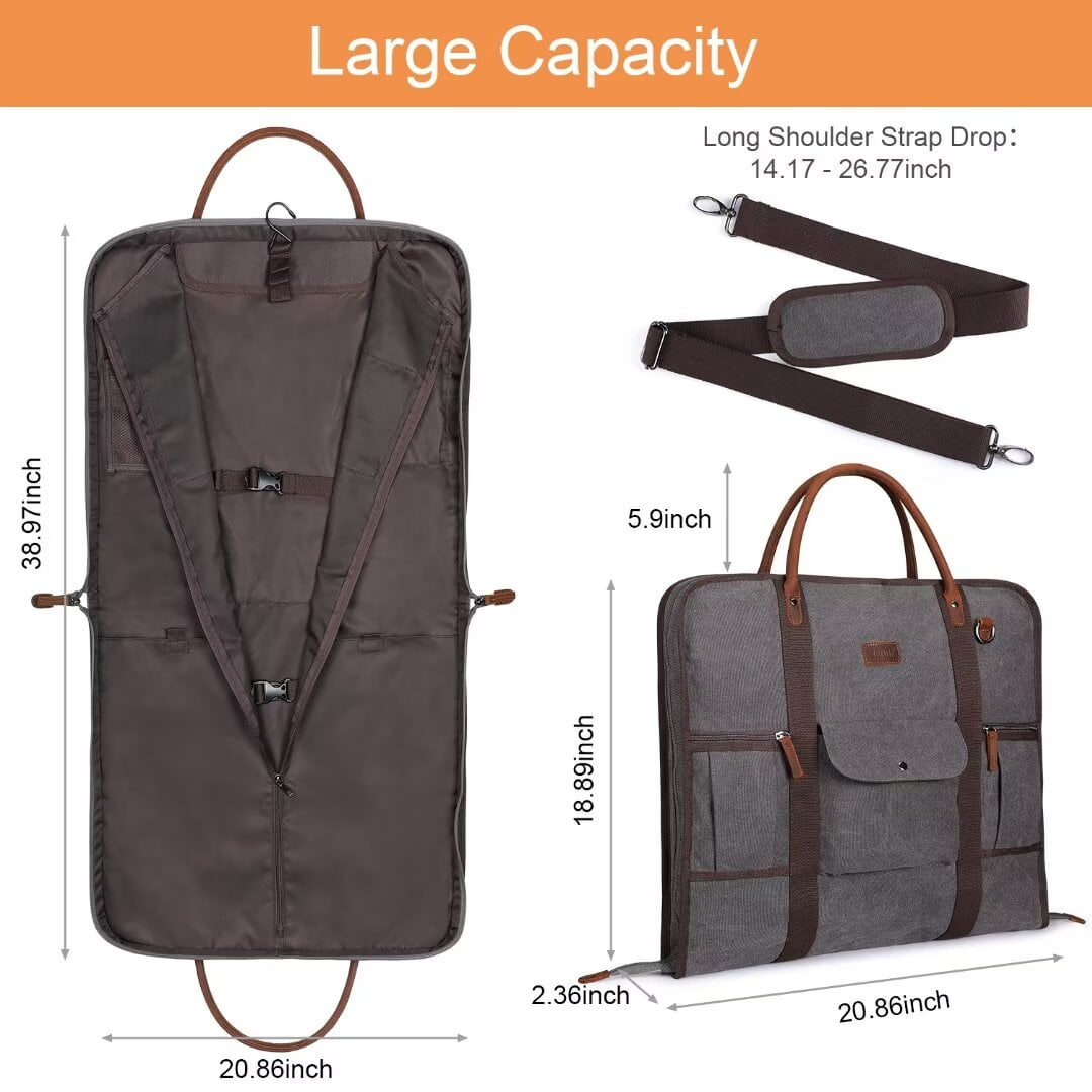 Carry On Garment Bag for Business Travel S-ZONE Canvas Leather Men Suit Cover